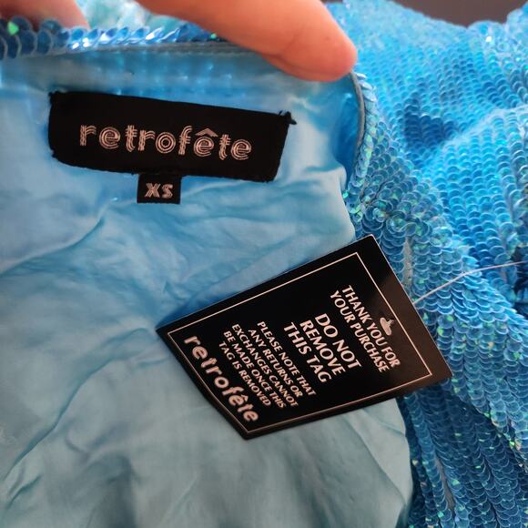 Retrofete Gabrielle Robe Dress in Blue Sequins Size XS NWOT Long Sleeve Belt - Picture 10 of 13